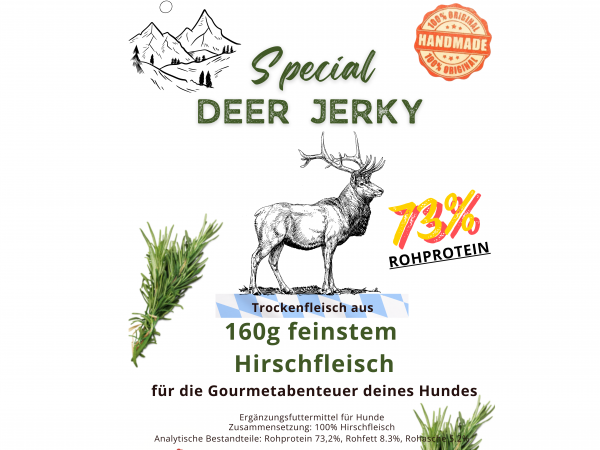 Deer Jerky I Hypoallergener Hirschfleisch-Snack I Reiner Natur-Kausnack
