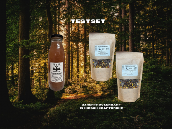 Testpaket  1x Hirsch Kraft Brühe 500ml+ 2x Rehtrockenbarf a 150g