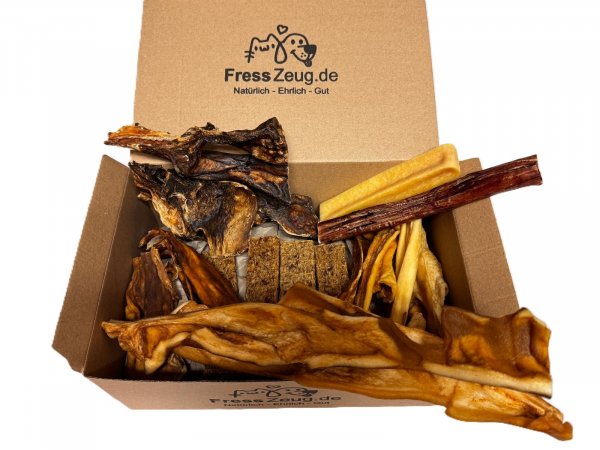 Mischbox Kausnack für alle Hunde I Kopfhaut, Käse, Ochsenziemer I XXL Mix