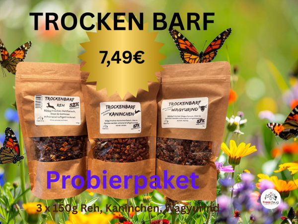 Trockenbarf Probierpaket – 3x 150g (Reh, Kaninchen, Wagyu-Rind)      Rabattcode: Test