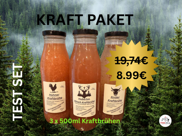 Kraftbrühen Probier-Set – 3x 500ml Glas (Hirsch, Rind, Huhn)             Rabattcode: 10081